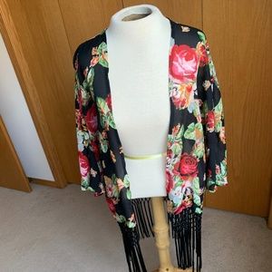 Black Quinn Rose Pixel Chiffon Fringe Shawl